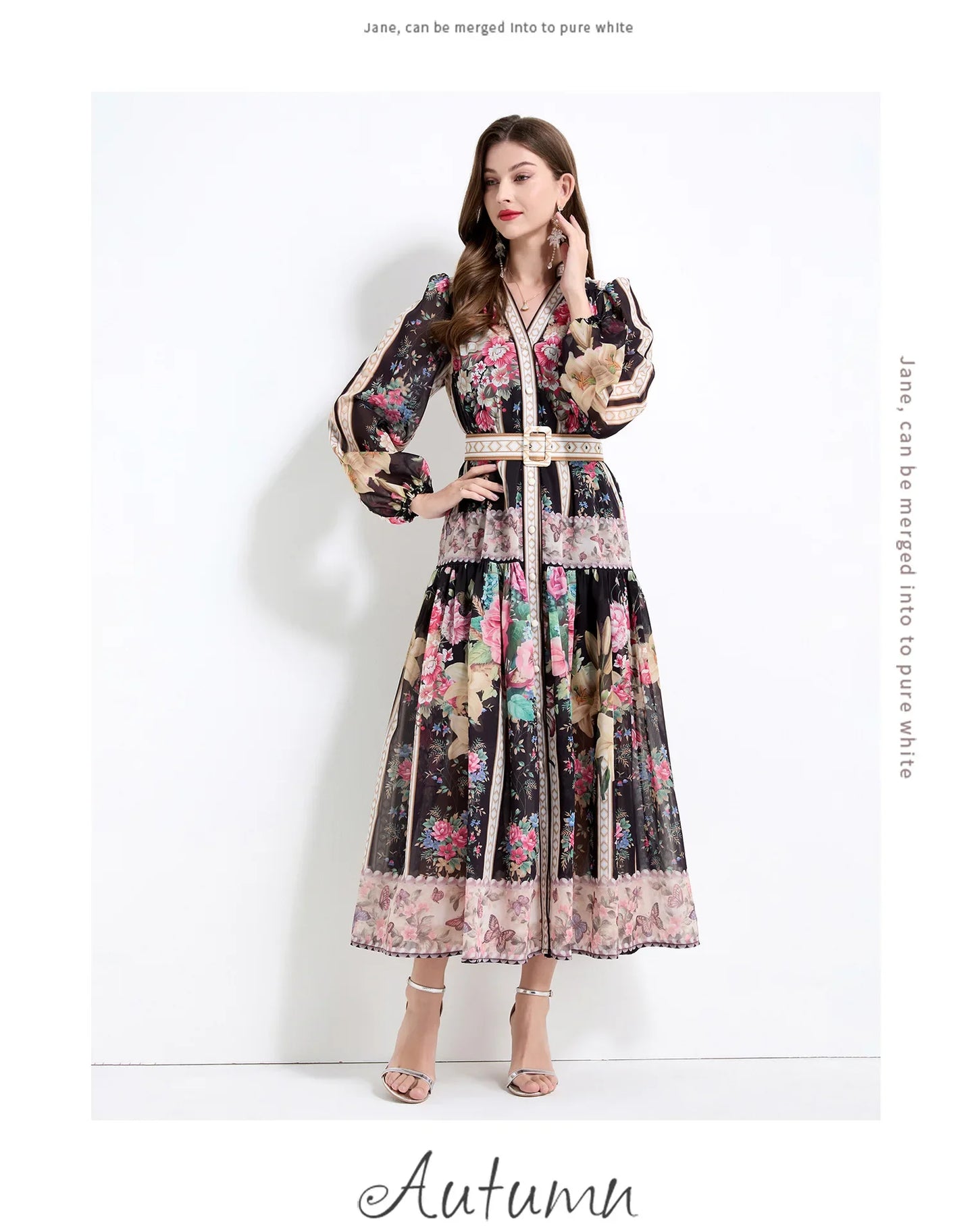 Elegant French Vintage Dress Women's High Waist Belted Print Court Style Long Dress Classy Sensation Skirt Fashionable Gown