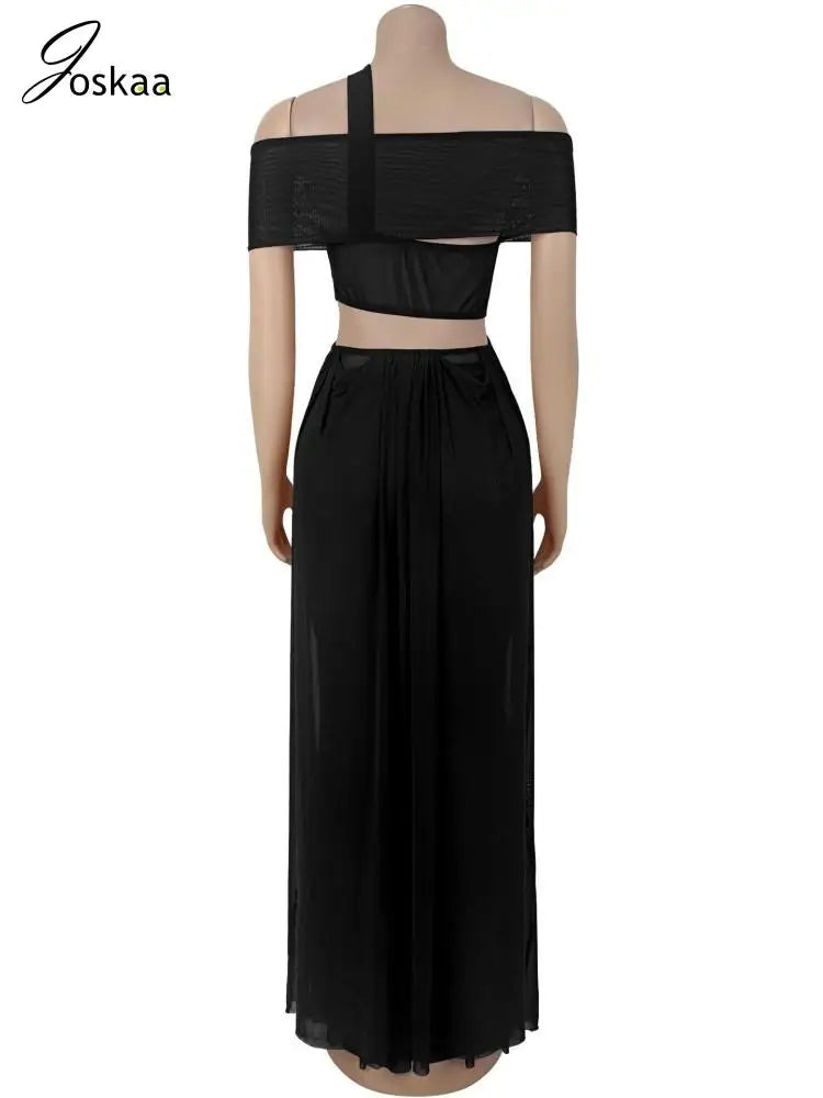 Joskaa 2025 Women's Elegant One Shoulder Strapless Mesh Irregular Maxi Dress Sexy Hollow Backless Skinny Evening Gown Clubwear