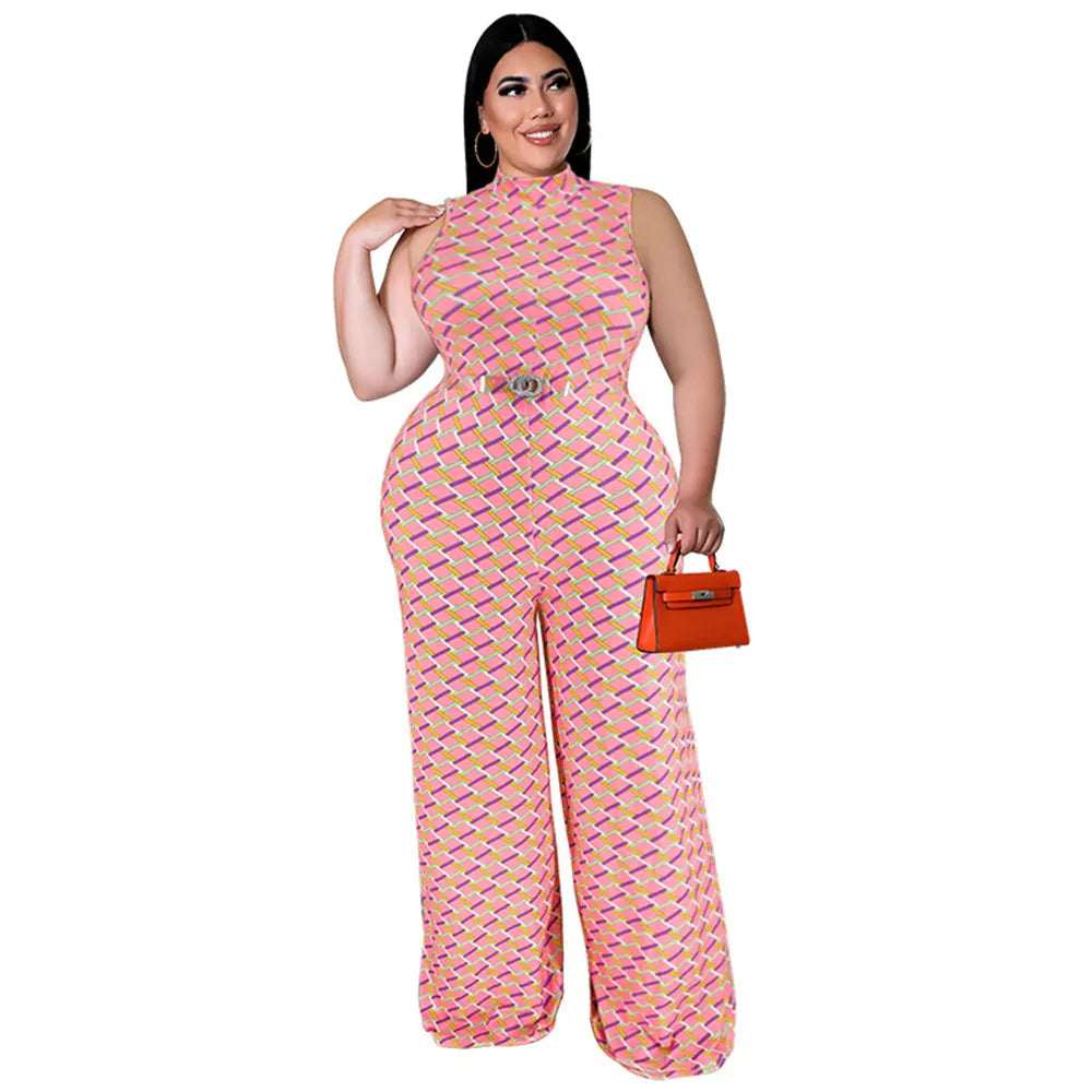 Plaid Print Belt Plus Size Jumpsuit