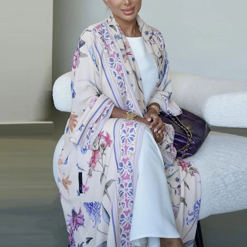 Elegant High Street Swing Vacation Jackets 2025 New Women's V Neck Autumn Coat Floral Print Long Sleeved Loose Muslim Cardigan