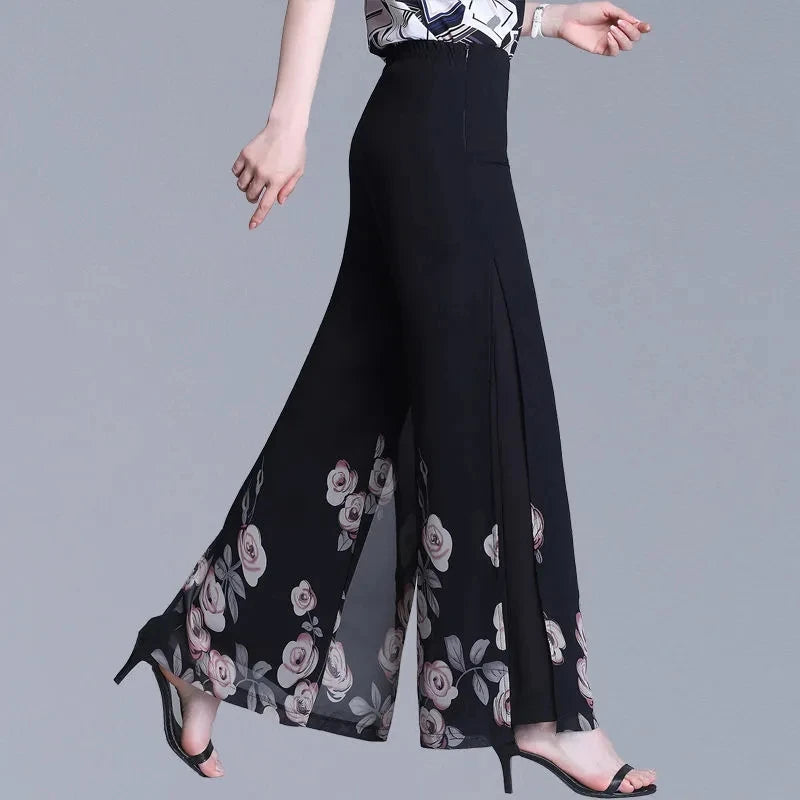 Double Layer Printed Chiffon Wide Leg Pants For Women's Summer New High Waisted Loose Dance Swing Pants Drooping Skirt Pants LA