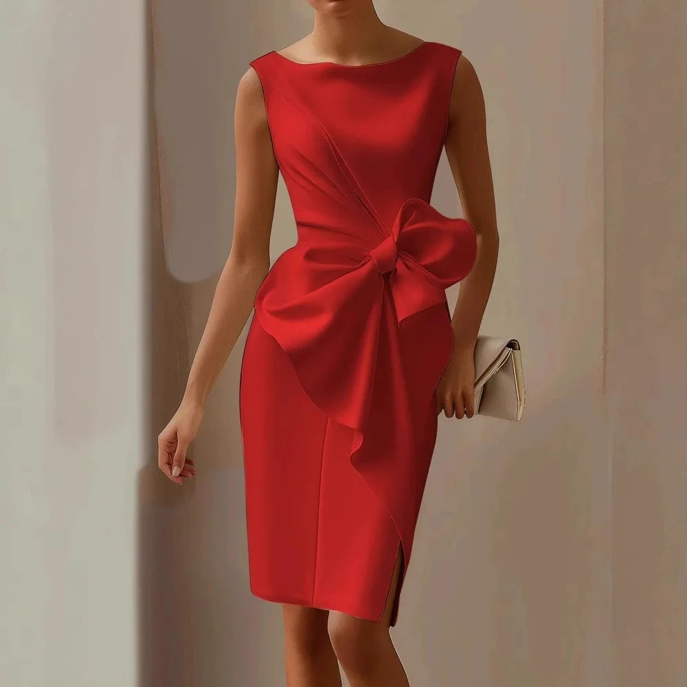 2025 Women's Dress O-neck Sleeveless White Elegant Bow Slim Party Red Evening Slit Vest Skirt