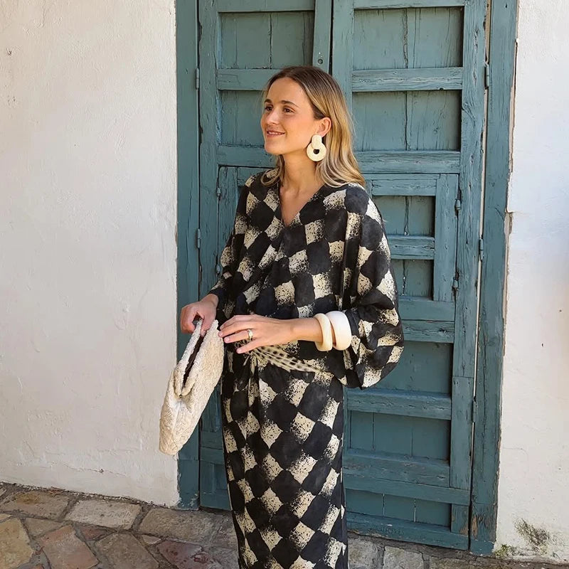 Casual Patchwork Print V Neck Maxi Dress for Women