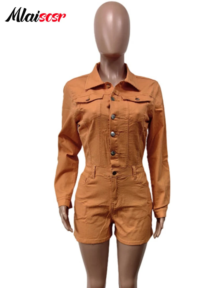 Mlaiscsr Vintage High Street Elastic Wash Women Playsuit Lapel Single-Breasted Full Sleeve One Pieces Shorts Rompers Nightclub