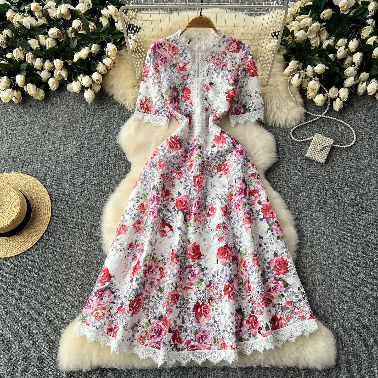 Elegant French Style Vintage Lace Printed Dress for Women