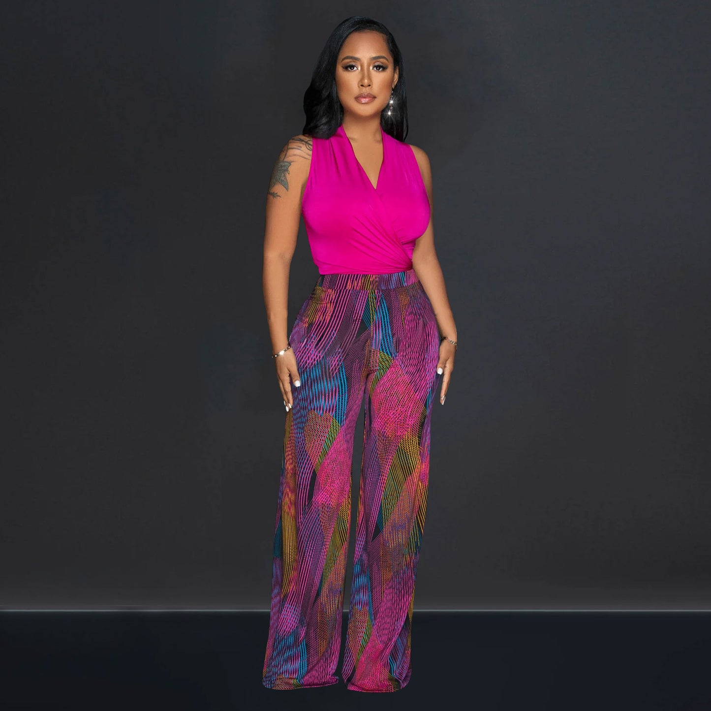 CM.YAYA Women's Set Wrap V-neck Tie Up Tank Top and Galaxy Striped Wide Leg Pants 2023 Street Two 2 Piece Sets Outfits Tracksuit