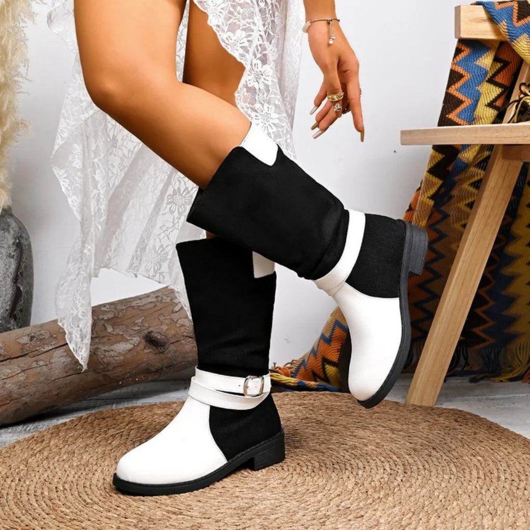 Women's large-sized black and white patchwork thigh-high knee-length fashion boots 2025 autumn/Winter round-toed boots
