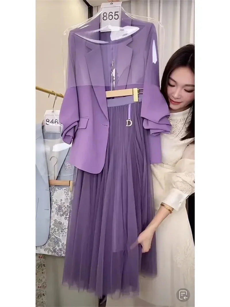 Female half Skirt Two Pieces Suit 2024 Spring Women Korean Dramas To Reduce Age Westernization Fashion Luxury Purple Suit Jacket