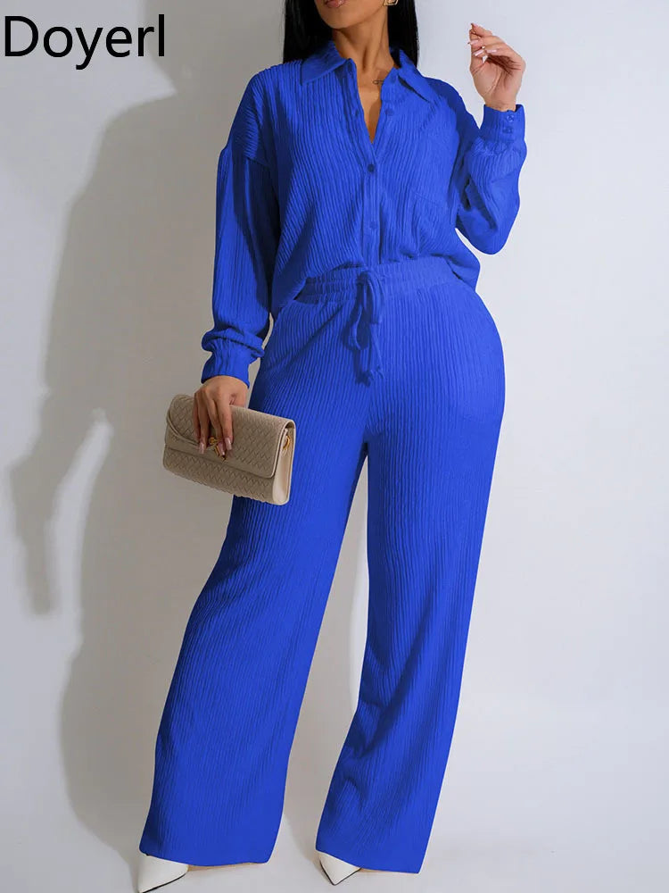 Doyerl Solid Casual Loungewear Sets Woman Two Piece Outfit Loose Fit Long Sleeve Shirt Top and Wide Leg Pants Matching Sets