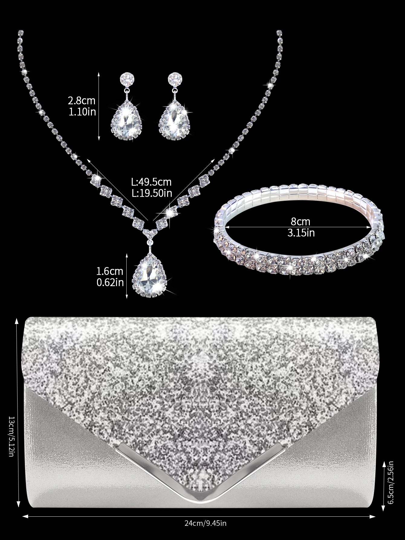 Sparkling and luxurious sequined evening clutch for women, paired with a gorgeous rhinestone necklace, earrings and bracelet set