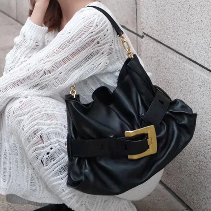 Women's Pleated Motorcycle Bag Trendy Belt Buckle Shoulder Bag Brand Design Fashion Large Capacity Texture Underarm Bag Tote Bag