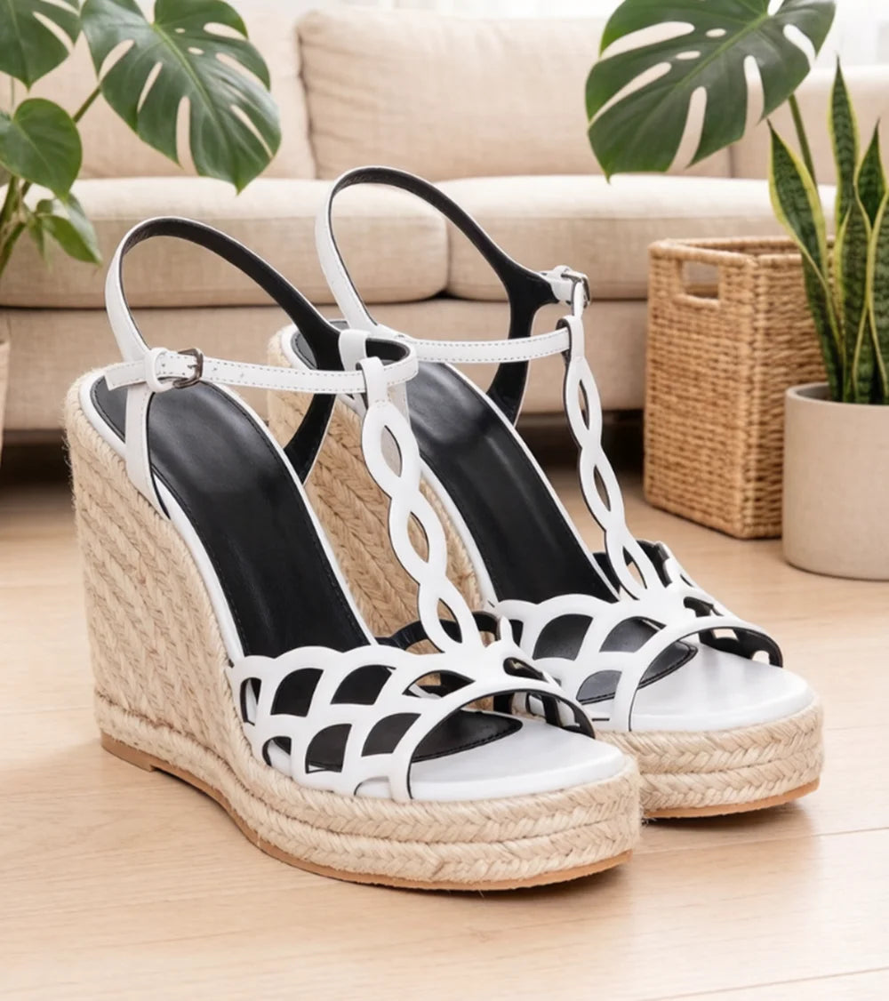 Leather Cutout T Strap Wedge Sandals