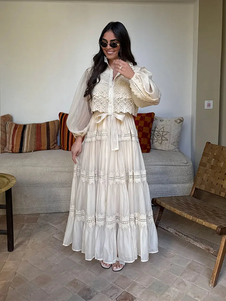 Embroidered maxi Dress Women Lapel Hollow Fashionable Short Sleeve Belt High Waist long Dresses Female Summer Chic robe