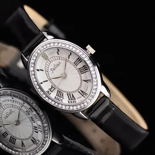 Small Oval Rhinestones Julius Lady Women's Watch Japan Quartz Elegant Fashion Hours Bracelet Leather Girl's Gift Box