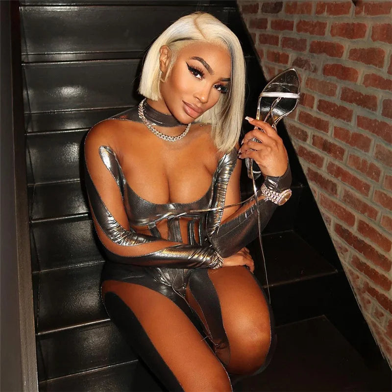 Metallic Striped Patchwork Mesh See Through Nightclub Jumpsuit Women Long Sleeve Skinny Party Birthday Outfit One Pieces Romper