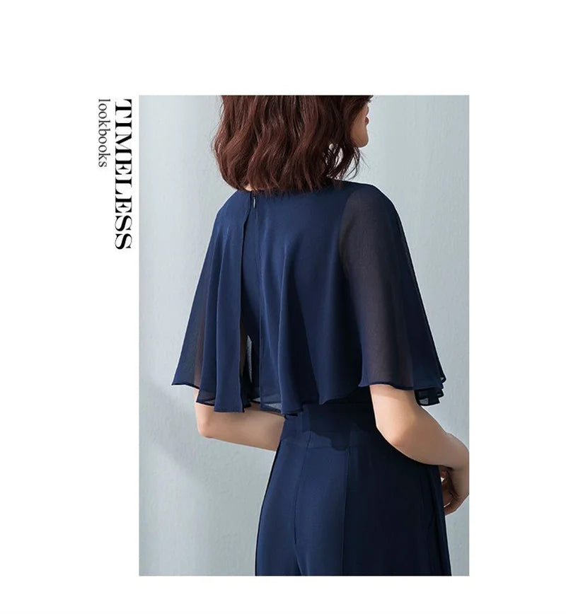 Lotus Leaf Sleeve Jumpsuit Women's Summer Long 2023 New Chiffon Jumpsuit Wide Leg Set Temperament Jumpsuit Female Bodysuit Blue