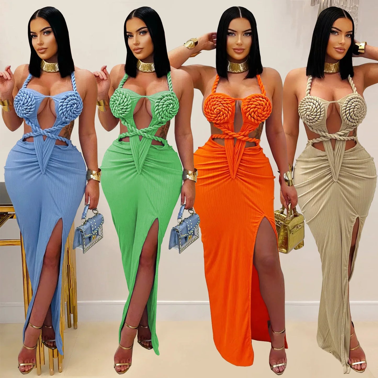Joskaa Women's 2025 Summer Knit Halter Dress Sexy Hollow Backless Slit Bodycon Maxi Dresses Holiday Party Club Beachwear S-XXL