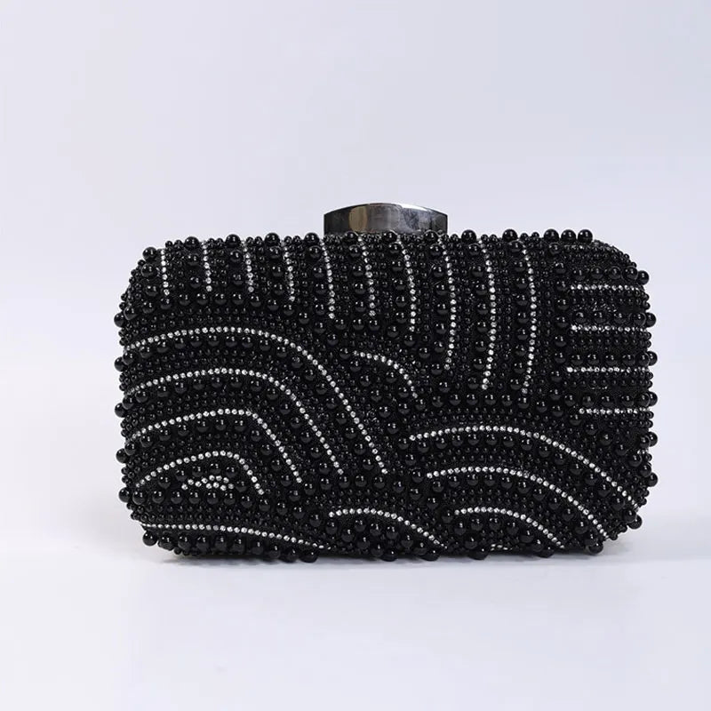 Ladies Pearl Elegant Evening Bag Fashionable Stylish Beading Wedding Dinner Party Banquet Dress Clutch Bag with Long Chain