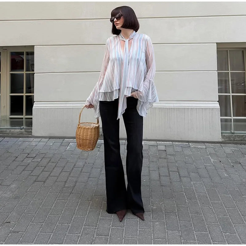 Casual Striped Long Flare Collar Cascading Ruffle Shirt for Women