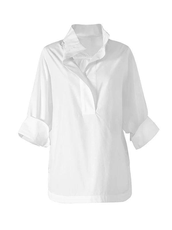 Women's Cotton Shirt Tops 2025 Autumn New Solid White Lapel Collar Long Sleeves Buttoned T-shirt Female Commuter Blouse