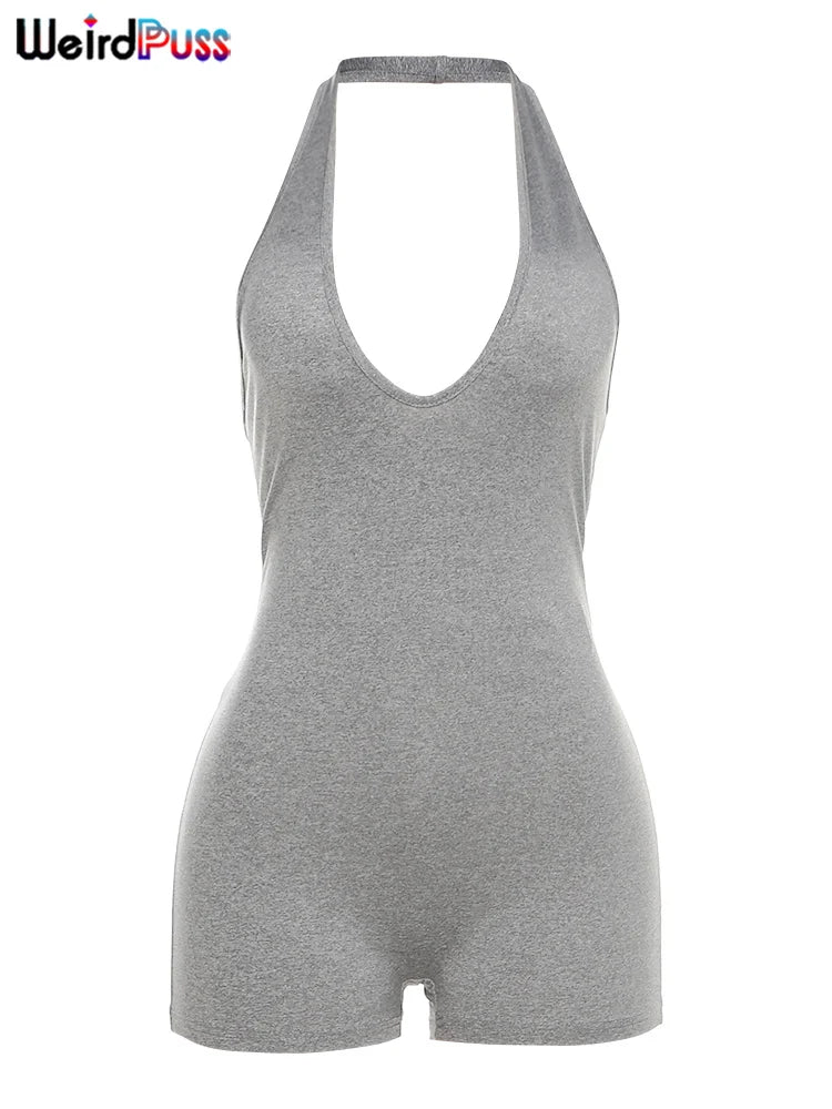 Weird Puss Halter Playsuits Women Fitness Sporty Backless Skinny Sleeveless V-Neck Casual Summer Solid Basic Streetwear Romper