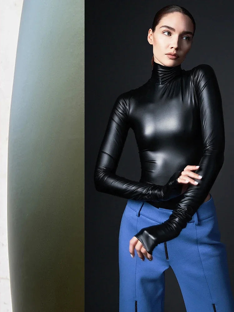 Women Faux Leather Bodysuits Long Sleeve High Neck Slim Jumpsuits Ladies Sexy Stretch Bodycon Bodysuits Party Clubwaer Custom