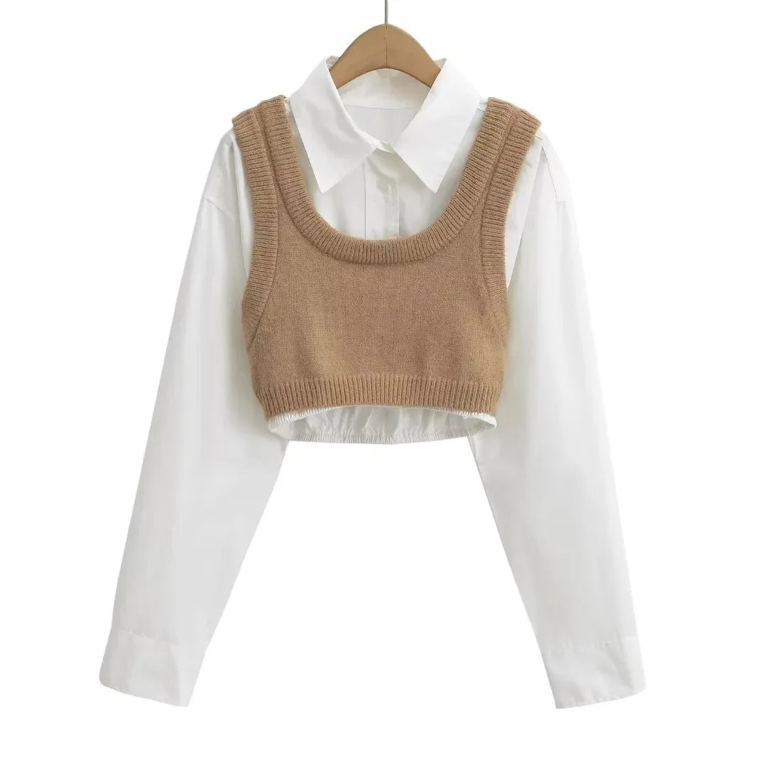 Joskaa Women Lapel Long Sleeve Single Breasted Cropped Shirt with Knitted Vest 2 Piece Set 2024 Summer Fashion Tops Streetwear