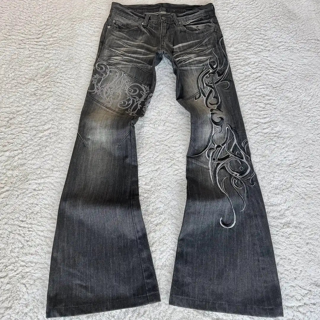 Trendy Three-dimensional Vision Vine Thorn Special Elements Printed Pattern Washing Jeans Women Street Casual Micro-flat Pants
