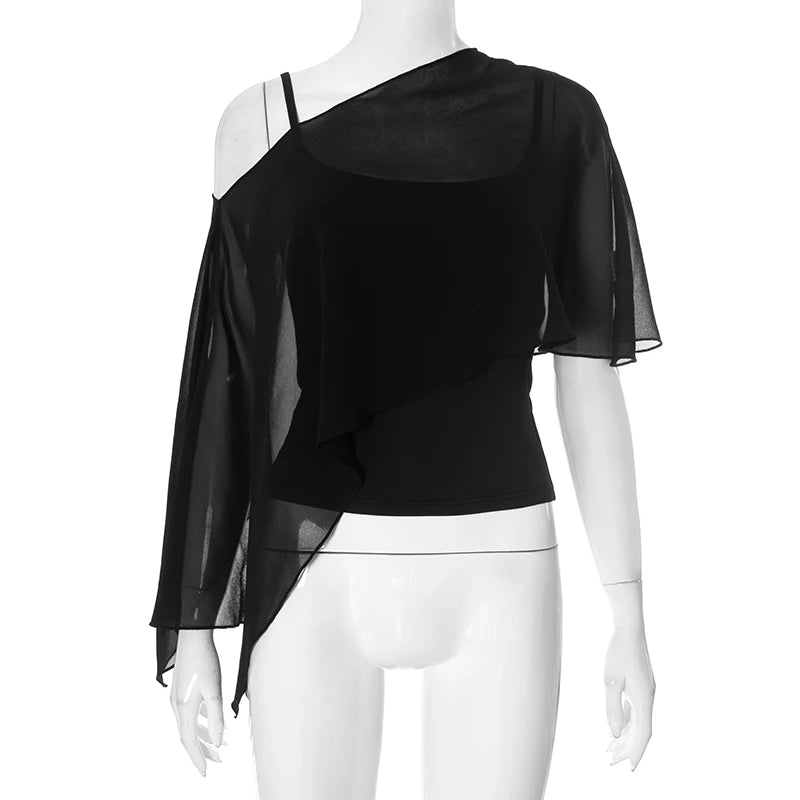 Weird Puss Summer Trend 2 Piece Crop Tops Women Sexy Short Sleeve Camisole+Mesh One-Shoulder Tops Clubwear 2025 Summer Club Tees