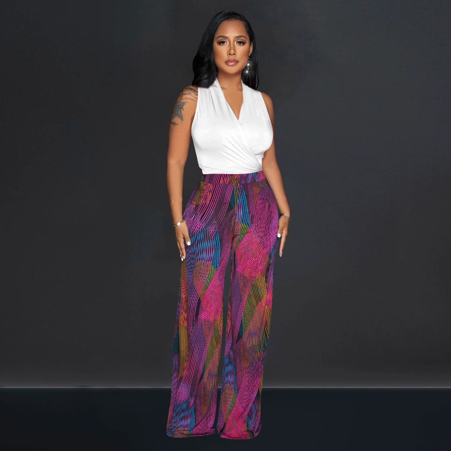 CM.YAYA Women's Set Wrap V-neck Tie Up Tank Top and Galaxy Striped Wide Leg Pants 2023 Street Two 2 Piece Sets Outfits Tracksuit
