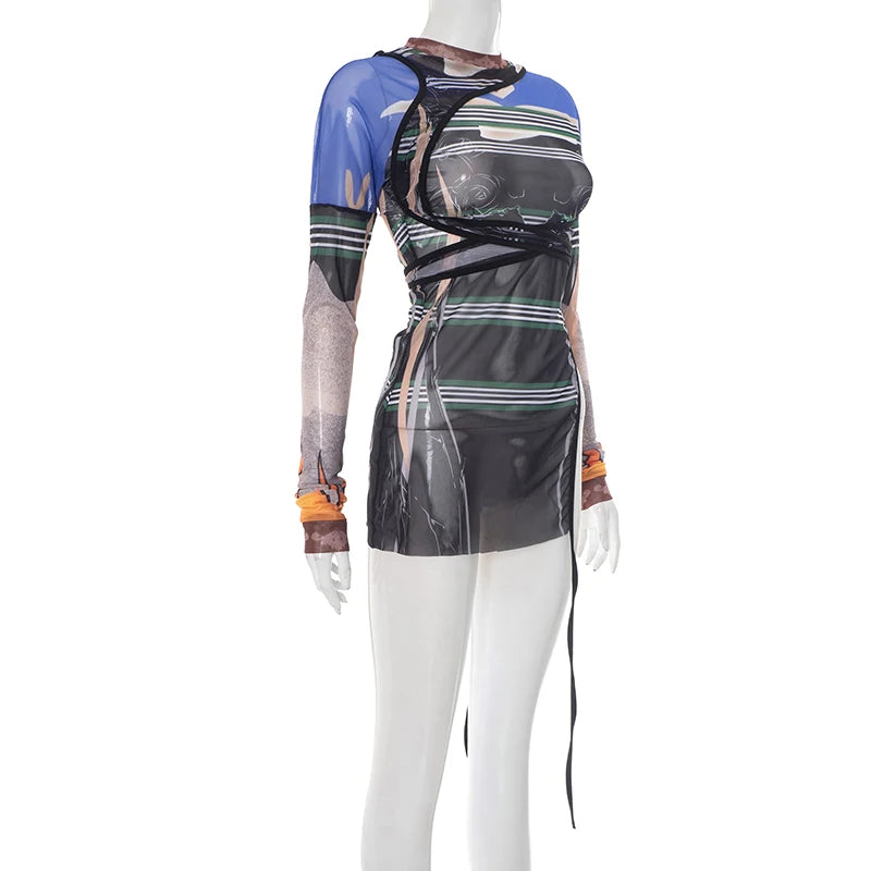 Weird Puss Sexy Irregular t-Shirts Women See Through Full Sleeve Split Ribbon Coquette Midnight Clubwear Wild Stretch Long Tees