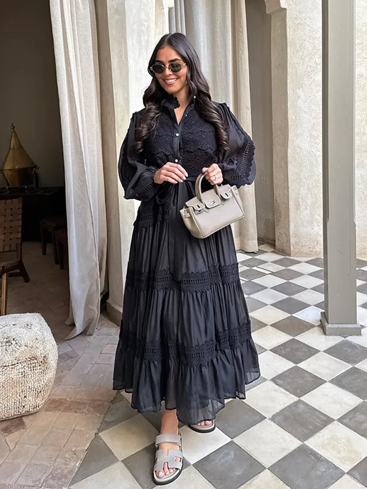 Embroidered maxi Dress Women Lapel Hollow Fashionable Short Sleeve Belt High Waist long Dresses Female Summer Chic robe
