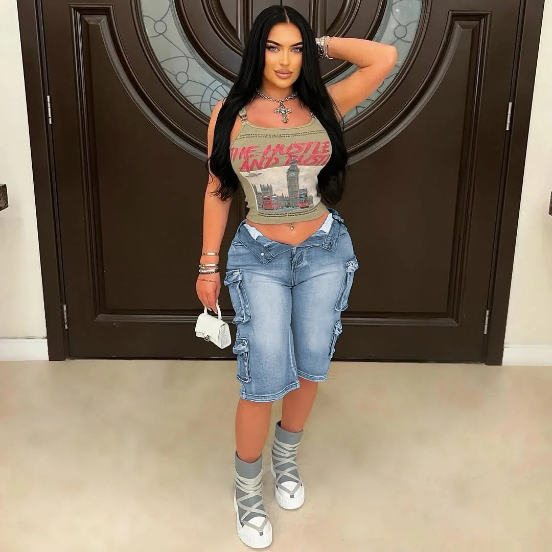 CM.YAYA Women Straight Washed Denim Knee Length Cargo Pants 2025 Summer Multi Pocket Street Casual Wide Leg Jeans Trousers