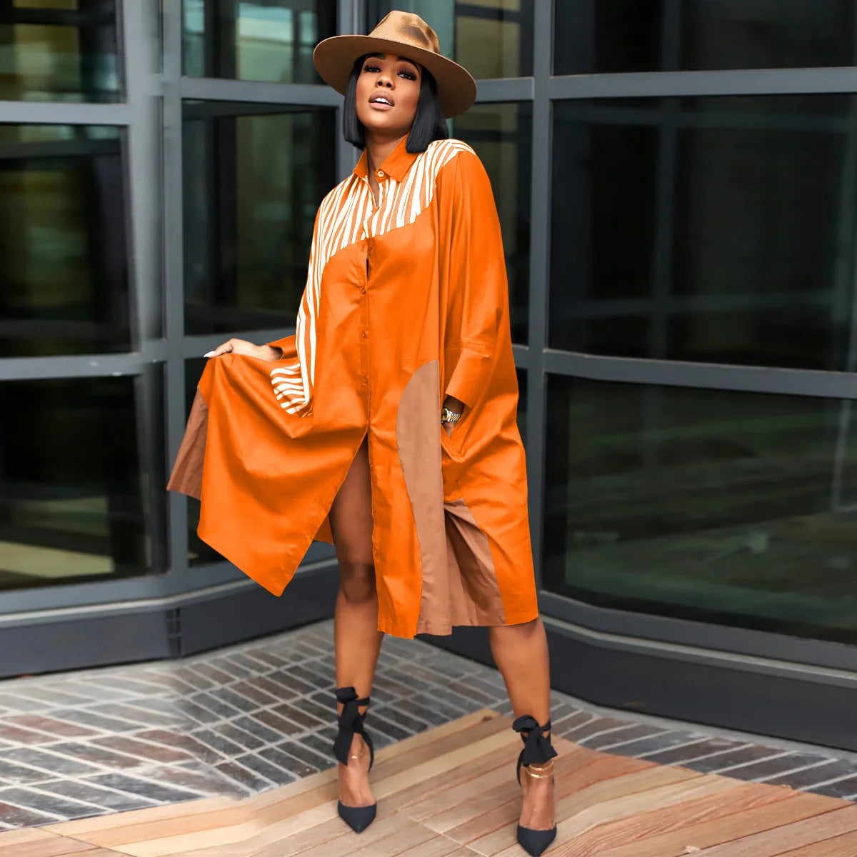 CM.YAYA Elegant Patchwork Women Long Sleeve Single Breasted Loose Shirt Dress Street Fashion Slim Striped Smock INS Dresses