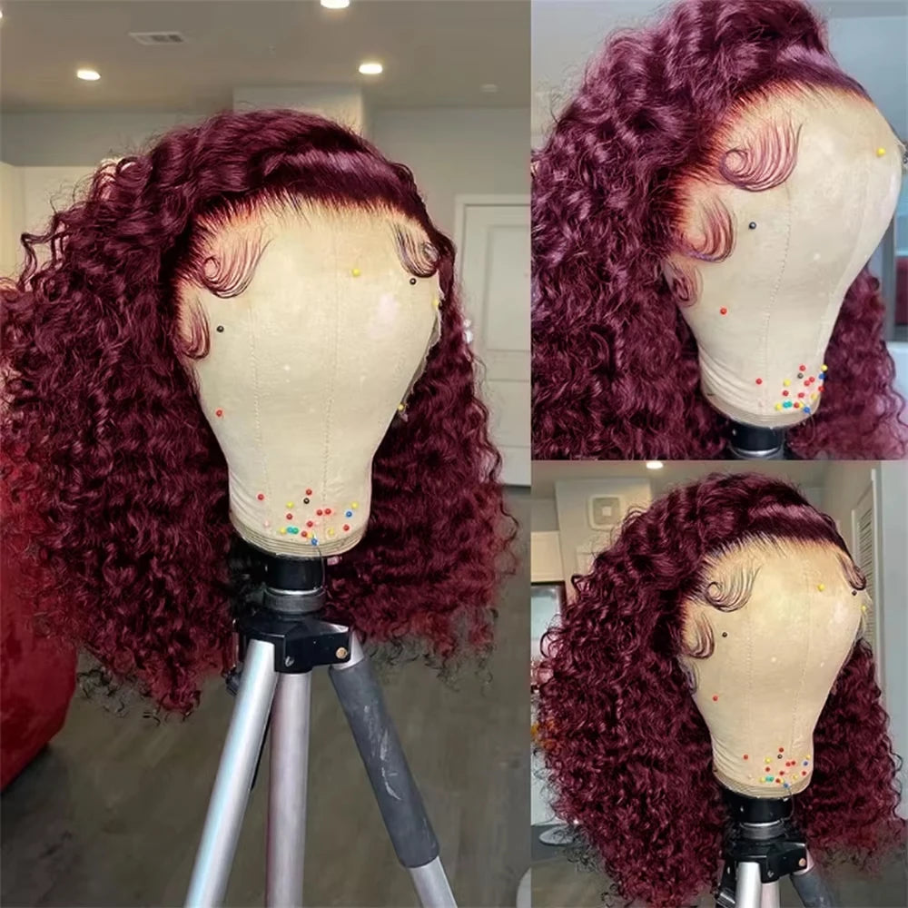Burgundy 99J Deep Wave Bob Wigs Glueless Human Hair Short Kinky Curly Wig 13x6 Lace Front Wig For Women 13x4 HD Lace Front Wigs