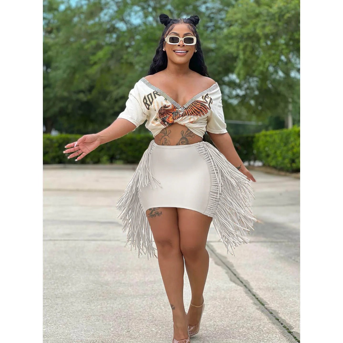 FAGADOER Sexy Tassel Bodycon Mini Skirts Party Club Outfits Women Fashion Chic Streetwear Short Birthday Holidays Skirt Solid
