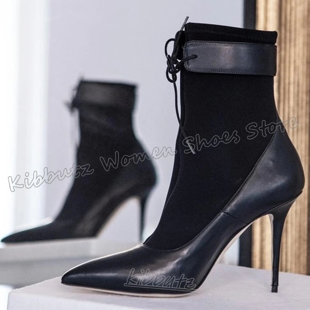Patchwork Ankle Boots Lace-Up Leather Solid Color Novelty Luxury Elegant Concise Sexy Fashion Women Shoes New Pointy Thin Heels