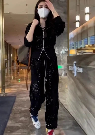 Fashion Velvet Casual Suit Winter Clothes New Sweet Sequins Hooded Fur Collar Sweatshirt Wide Leg Pants Ladies Two-Piece Set