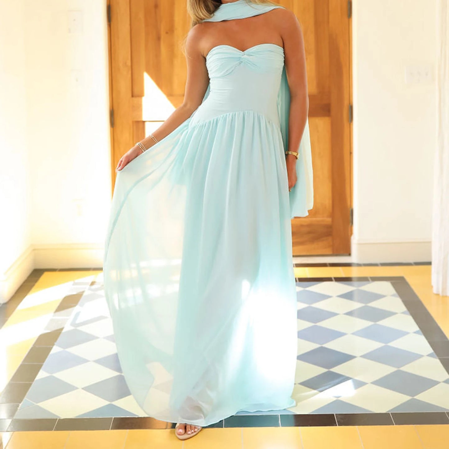 Women Long Dress Solid Color Tube Dress Summer Fashion Backless Casual Strapless Dress with Choker Scarf