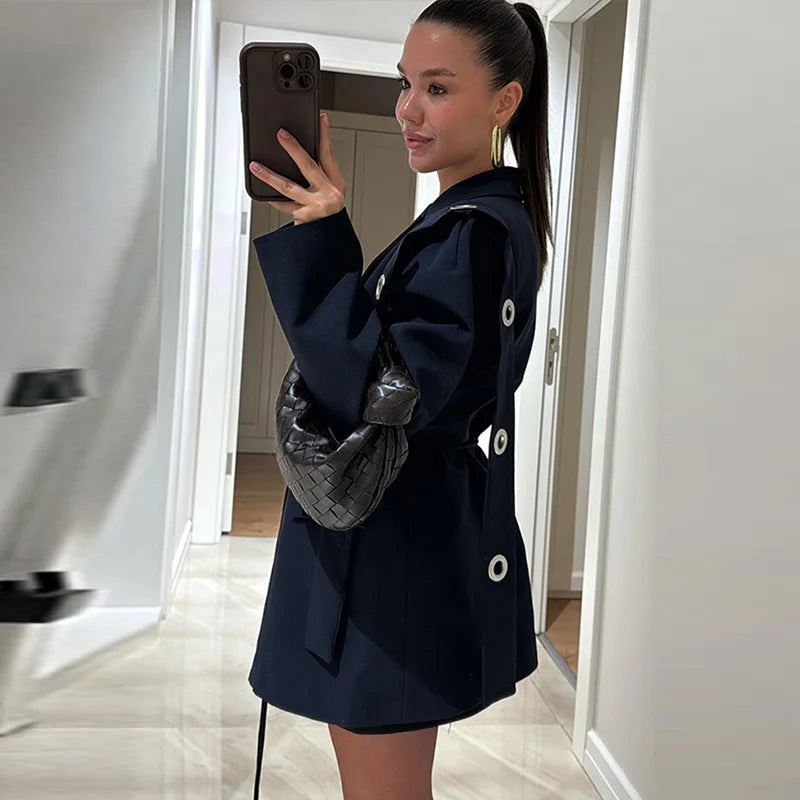 Vintage Tie Up Women 's Coats Elegant Laple Full Sleeve Pockets Hollow Out Blazer Female 2025 Autumn Winter Fashion Streetwears