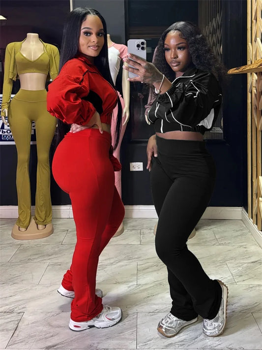 Weird Puss Casual 2 Piece Set Women Tracksuit Patchwork Full Sleeve Zip Elastic Hem Crop Jacket+Flared Pants Sporty Streetwear