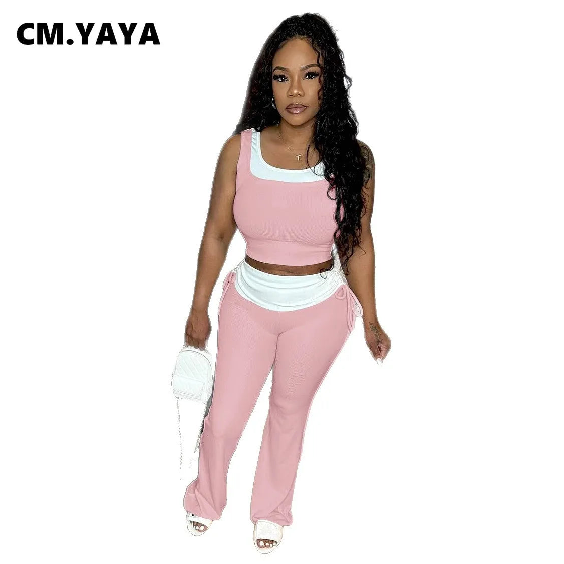 CM.YAYA Fashion Knit Ribbed Patchwork Women's Set Sleeveless Tank Tops and Flare Pants Tracksuit 2025 Two 2 Piece Sets Outfit