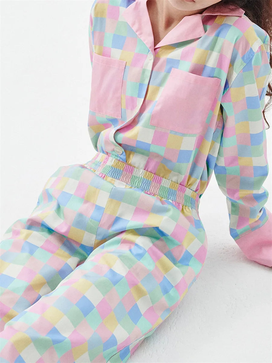 Women 2 Piece Pajamas Set Colorful Plaid Print Long Sleeve Button up Shirt and Elastic Pants for Loungewear Soft Sleepwear Pjs