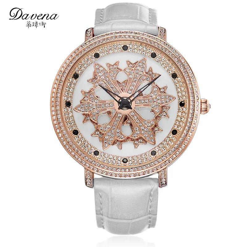 Luxury Davena Spin Snow Flower Women's Watch Japan Mov't Crystal Lady Hours Fine Fashion Real Leather Bracelet Girl's Gift Box