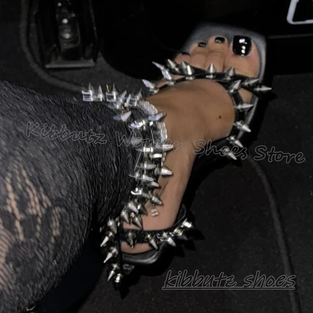 Rivets Lace-Up Sandals Solid Color Gothic Punk Rock Fashion Elegant Concise Sexy Luxury Women Shoes New Square Toe Thin Heel New