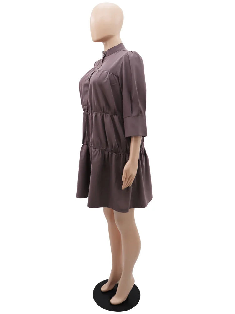 Wmstar Elegant Women Summer Solid Color Short Dress Fashion Long Sleeve High Neck High Waist Clothes Party Casual Mini Dresses