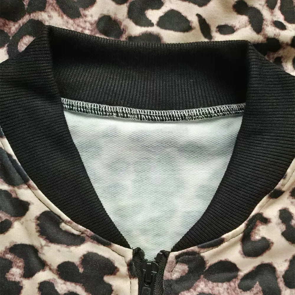 Women's Leopard Stand-Up Collar Long Sleeve Zipper Cardigan Coat Jackets Autumn Ladies Casual Loose Outwear Outcoat Size S-2XL
