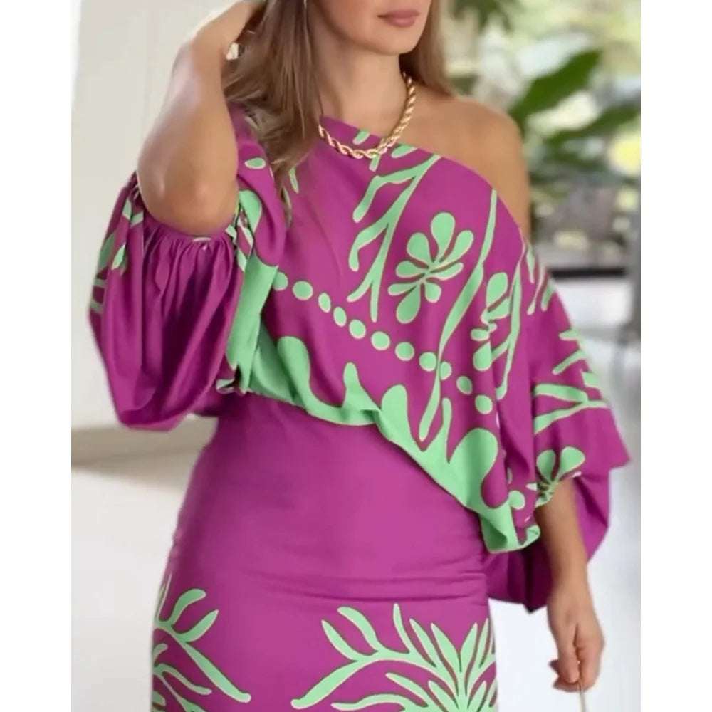 Women's 2 Pieces Outfit Tropical Print Lantern Sleeve Cold Shoulder Loose Top and Casual High Waist Fishtail Maxi Skirt Set