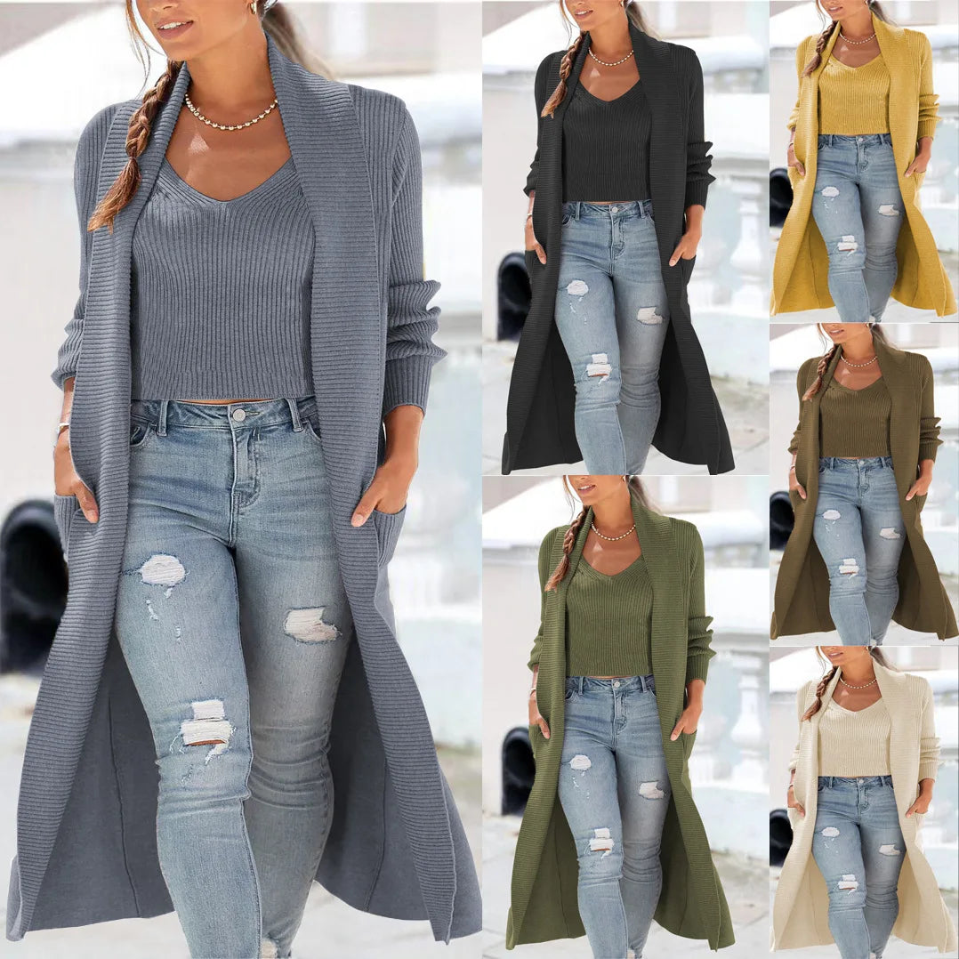 Women's Solid Color Cardigan Knitted Sweater 2Pcs/Set Commuting Winter Vest Overcoat Set Women Loose Elastic Cardigan Coat Warm