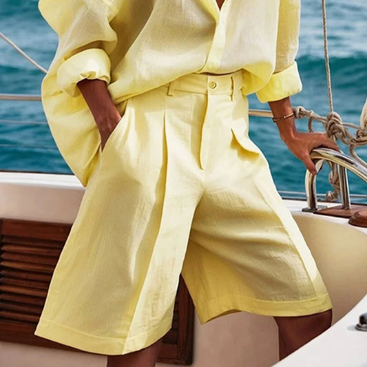 Beautyblue Casual Shorts for Women Cotton Linen Wide Leg Shorts New Fashion Loose High Waisted Pleated Elegant Yellow Half Pants